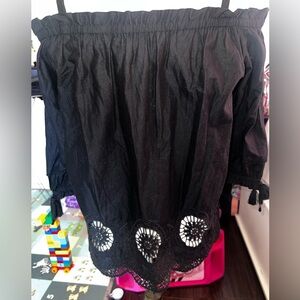 LOFT Black Off-Shoulder Blouse with White Embroidery